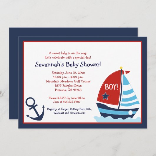 Rood en blauw zeilboot 5x7 Baby shower Uitnodiging (Voorkant / Achterkant)
