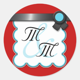 Rood en Blauwgroen, zwart lint dubbelmonogram Stic Ronde Sticker