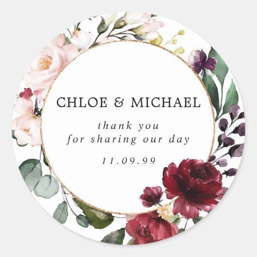 Rood en Blush Pink Floral Weddenschap Bedankt Ronde Sticker (Voorkant)