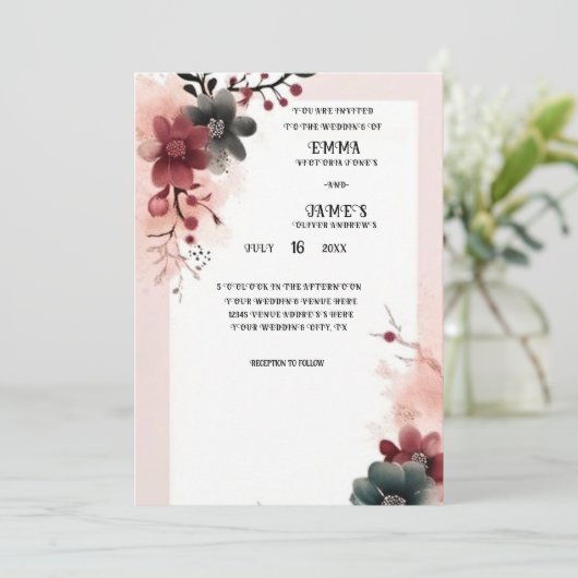 Rood en Crème Elegant Bloemen Bruiloft Kaart (Staand voorkant)