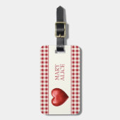 rood en crème gingham met hart bagagelabel (Voorkant verticaal)