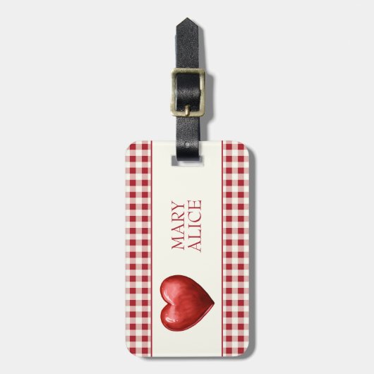 rood en crème gingham met hart bagagelabel (Voorkant verticaal)