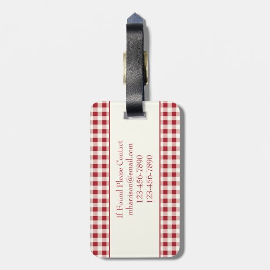 rood en crème gingham met hart bagagelabel (Achterkant verticaal)