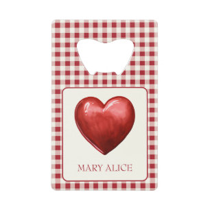  rood en crème gingham met hart kredietkaart flessenopener
