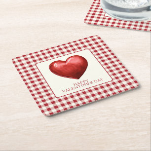 rood en crème gingham met hart vierkante kartonnen onderzetter