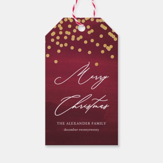Rood en Faux Gold Merry Christmas Script Gift Labe Cadeaulabel (Voorkant)