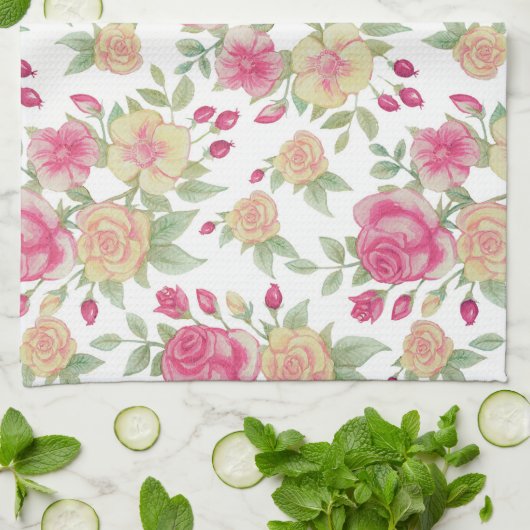 Rood en Geel Rozen Waterverf Patroon | Theedoek (Gevouwen)