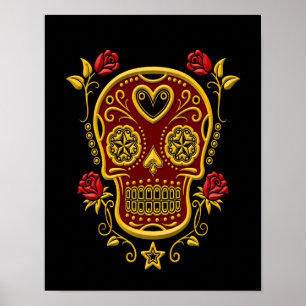 Rood en geel Suikertje met Rozen op zwart Poster