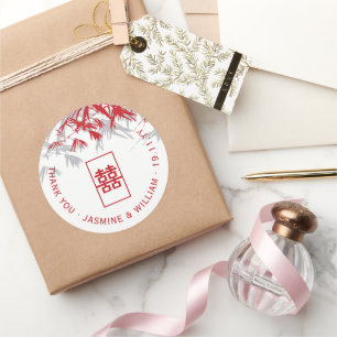 Rood en geelgroen bamboe laat Zen Asian Wedding ov Ronde Sticker