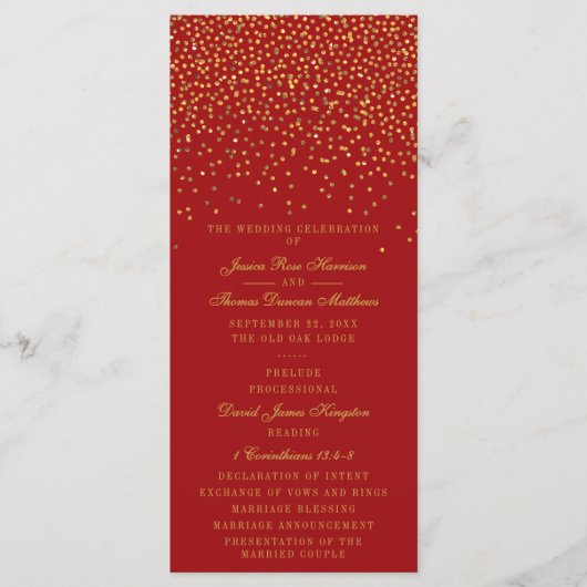 Rood- en Glam Gold Confetti Wedding Program Programma (Voorkant)