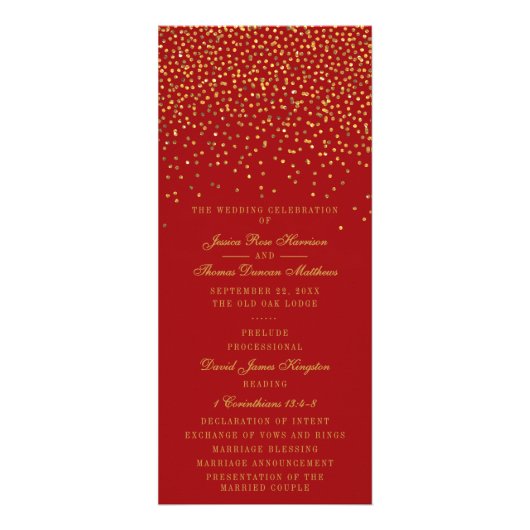 Rood- en Glam Gold Confetti Wedding Program Reclamekaart (Voorkant)