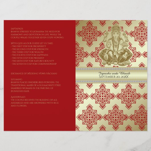 Rood- en Gold-Indische Damask Hindu Wedding Progra (Voorkant)