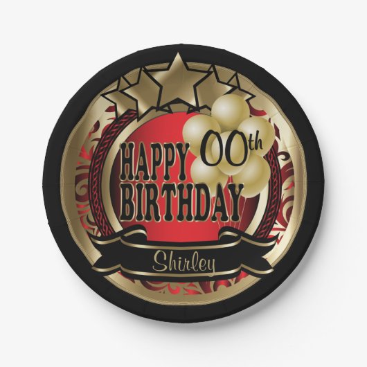Rood en Goud Abstract 00ste Verjaardagsster Papieren Bordje (Voorkant)