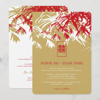 Rood en goud bamboe vertrekt Moderne Zen Asian Wed Kaart