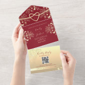 Rood en Goud Bloemen Monogram Huwelijk All In One Uitnodiging (Afscheurbaar)