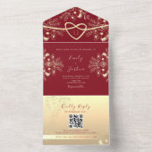 Rood en Goud Bloemen Monogram Huwelijk All In One Uitnodiging (Binnen)