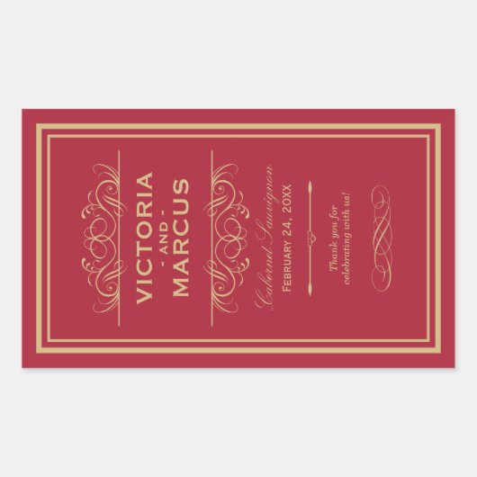 Rood en Goud Bruiloft Wijnfles Monogram Favor Rechthoekige Sticker (Voorkant)