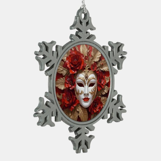 Rood en goud carnaval masker tin sneeuwvlok ornament (Links)