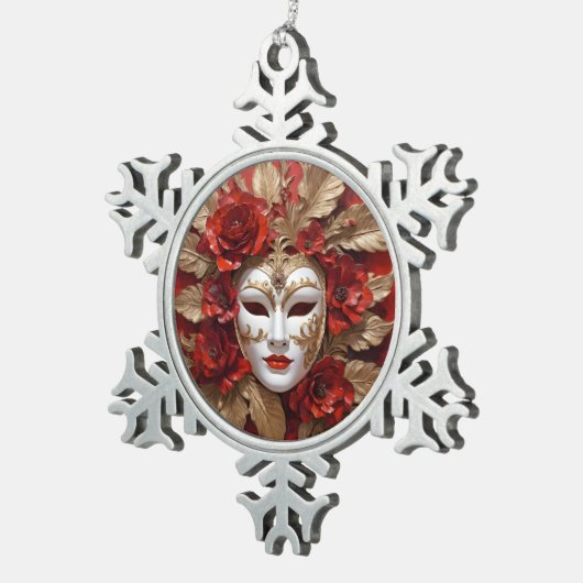 Rood en goud carnaval masker tin sneeuwvlok ornament (Rechts)