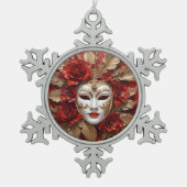 Rood en goud carnaval masker tin sneeuwvlok ornament (Voorkant)