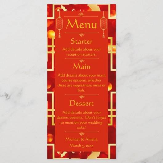 Rood en Goud Dragon Wedding Menu (Voorkant)