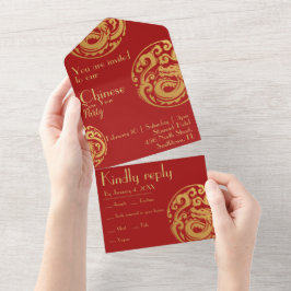 Rood en goud, drakenkam, Chinees nieuwjaar, All In One Uitnodiging