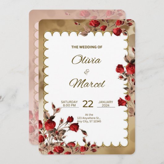 Rood en Goud Elegant Bruiloft Kaart (Voorkant / Achterkant)