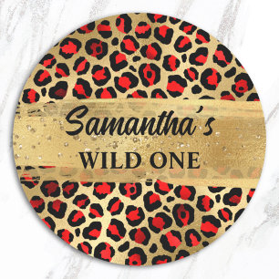 Rood en goud folie luipaard Wild One Ronde Sticker