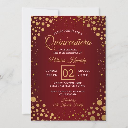 Rood en Goud Glitter Confetti Quinceanera Kaart (Voorkant)