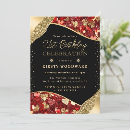 Rood en Goud Glitter Harten 21e Verjaardag Kaart (Staand voorkant)
