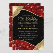 Rood en Goud Glitter Harten 21e Verjaardag Kaart (Voorkant / Achterkant)