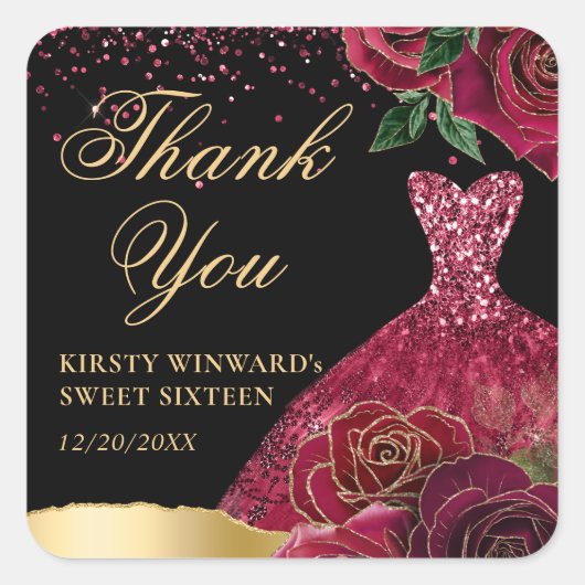 Rood en Goud Glitter Jurk Glam Rozen Sweet 16 Vierkante Sticker (Voorkant)