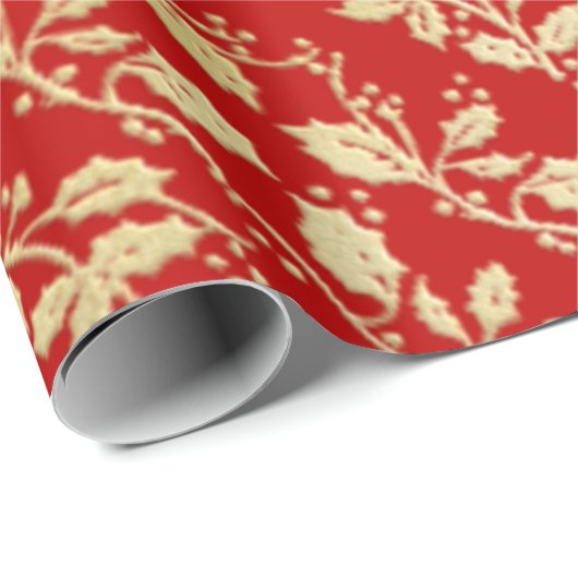 Rood en Goud Holly Kerstmis Verpakkend Document Cadeaupapier (Rol Hoek)