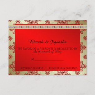 Rood en Goud Indiase Damask Wedding Response Kaart