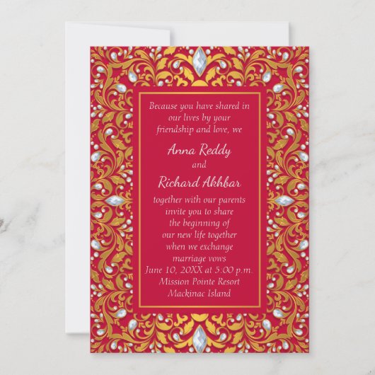 Rood en Goud Indische Hindoe Bruiloft Uitnodiging (Voorkant)