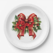 Rood en Goud Kerstmis Bow Feestelijk Papieren Bordje (Voorkant)