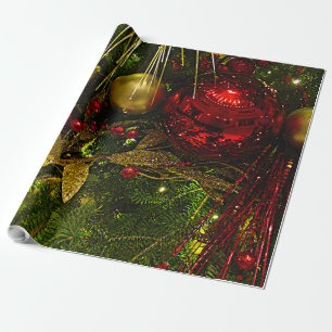 Rood en Goud Kerstmis Ornamenten Xmas Boom Lg Wrap Cadeaupapier