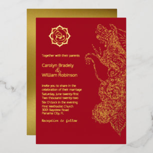 Rood en goud Mandala en Ganesha Wedding Folie Uitnodiging