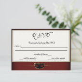 Rood en goud Masquerade RSVP Kaartje (Staand voorkant)