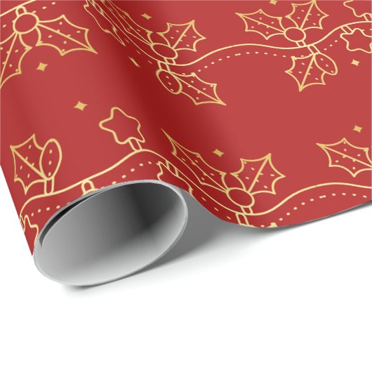 Rood en Goud Mistletoe Patroon Wrapping Papier (Rol Hoek)