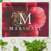 Rood en Goud Modern Bloemmonogram Familienaam Theedoek (Gevouwen)