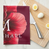 Rood en Goud Modern Bloemmonogram Familienaam Theedoek (Quarter Fold)