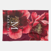 Rood en Goud Modern Bloemmonogram Familienaam Theedoek (Horizontaal)