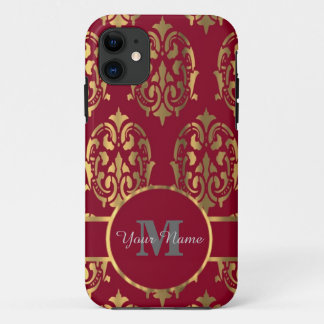 Rood en goud monogram damast iPhone 11 hoesje