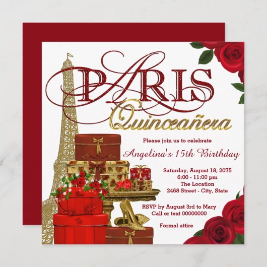 Rood en goud Parijs Quinceanera Kaart (Voorkant / Achterkant)