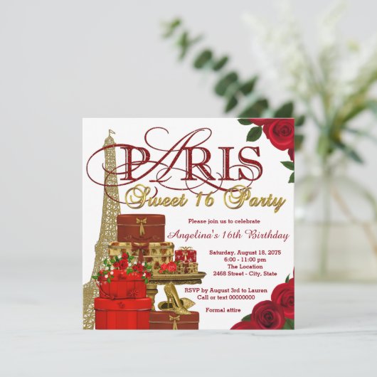 Rood en Goud Paris Sweet 16 Party Kaart (Staand voorkant)