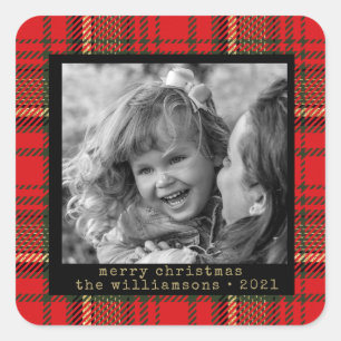 Rood en Goud Plaid Familie Foto Kerst sticker