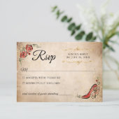 Rood en Goud Prinses Elegant Bruiloft RSVP Kaartje (Staand voorkant)