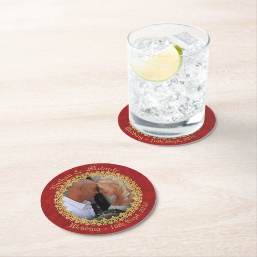 rood en goud ronde kartonnen onderzetter (Insitu)