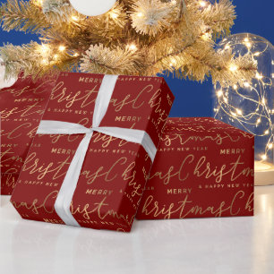 Rood en Goud Script Vrolijk Kerstfeest Cadeaupapier